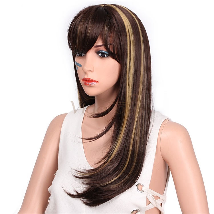 Vigorous Long Silky Straight Dark Brown Highlight Heat Resistant Smooth Synthetic Wig with Inclined Bangs for Women