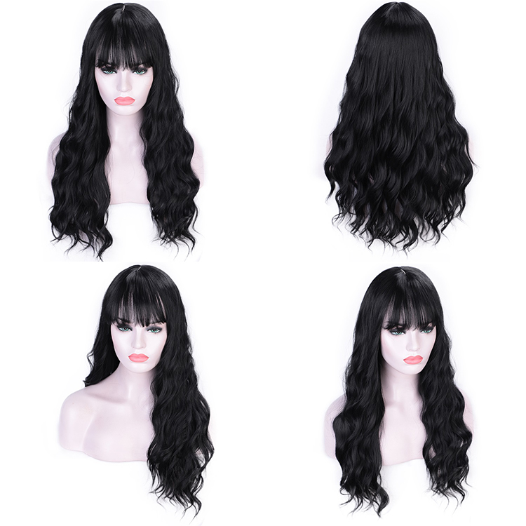 Vigorous Water Wave Synthetic Hair Wigs Black Long Wigs with Bangs For Women Cosplay Middle Part Pink Black Purple Brown Wig