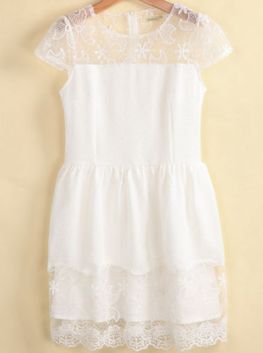 White Short Sleeve Embroidered Casual Lace Organza Dress (SH006)