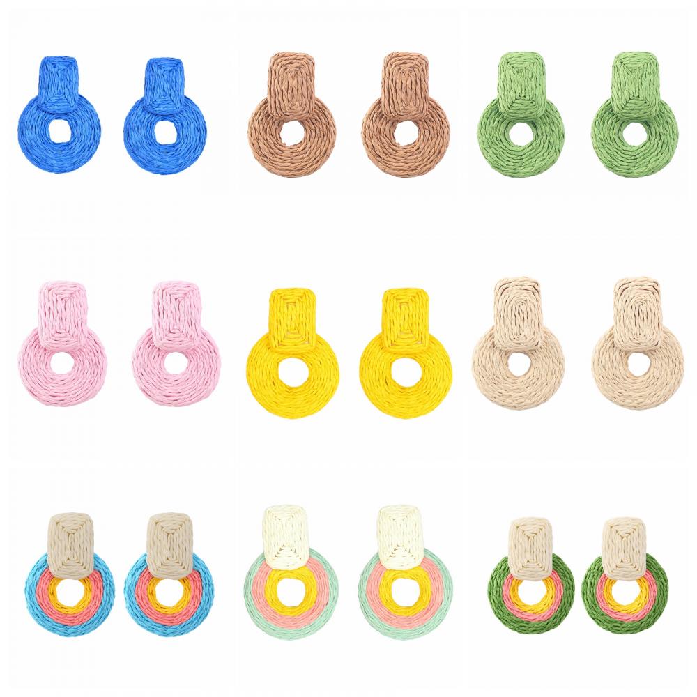 Boucles d&#39;oreilles rondes de Raffia - Boho Drop Handmade Straw Orees - Geométric Boucles d&#39;oreilles pour femmes
