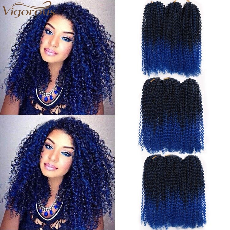 Vigorous 8 inch Ombre Blue  Crochet Braid Marley Braids Synthetic Afro Kinky Jerry Curl Braiding Hair Extensions for Women