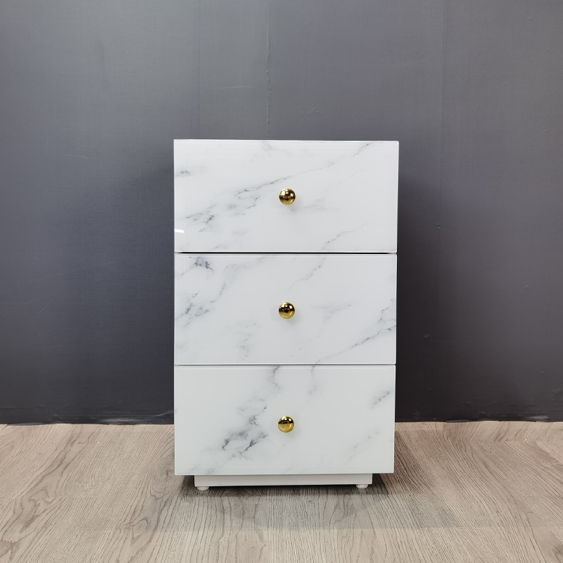 Marbled glass bedside table with 3 drawers