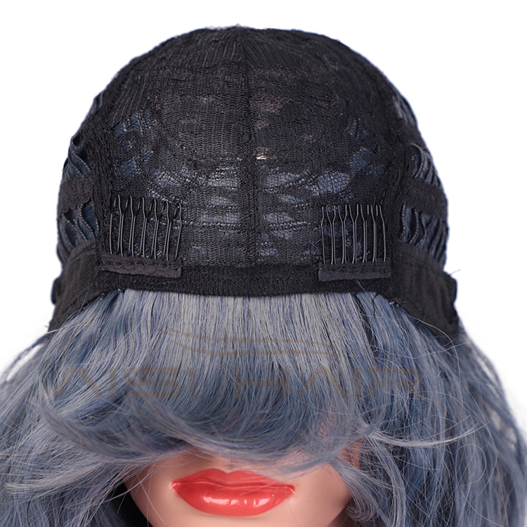 Top Quality Short Bob Blue Wig Wholesale Cheap With Neat Bangs Synthetic Short Curly Wave Wigs For Women