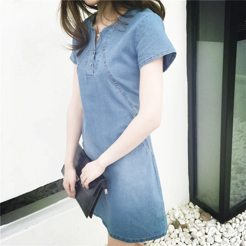 Summer Plus Size Short-Sleeved Casual MID-Length Denim Dress