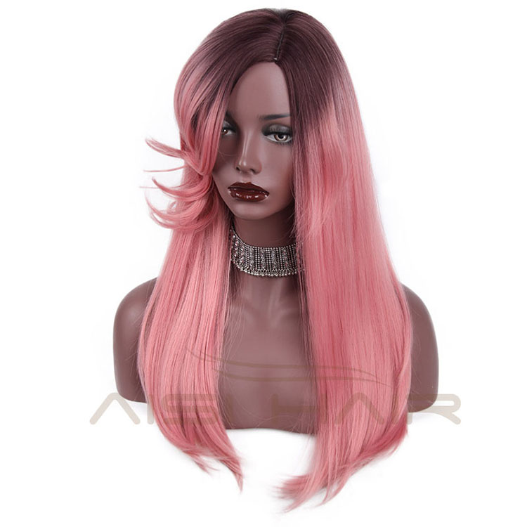 New Style Side Part long Silky Straight Wave Wigs Synthetic Ombre Pink Color Fiber Heat Resistant Wig