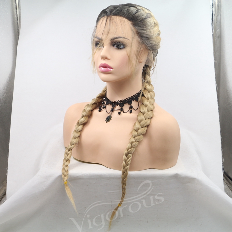 Long straight ombre black blonde cheap wholesale high quailty heat resistant synthetic jumbo braided wig with lace front