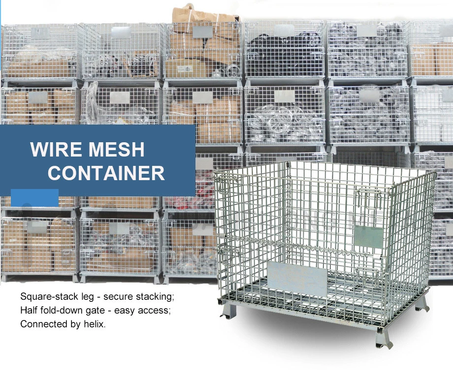 Foldable Collapsible Stackable Warehouse Storage Steel Metal Wire Mesh Cage Container