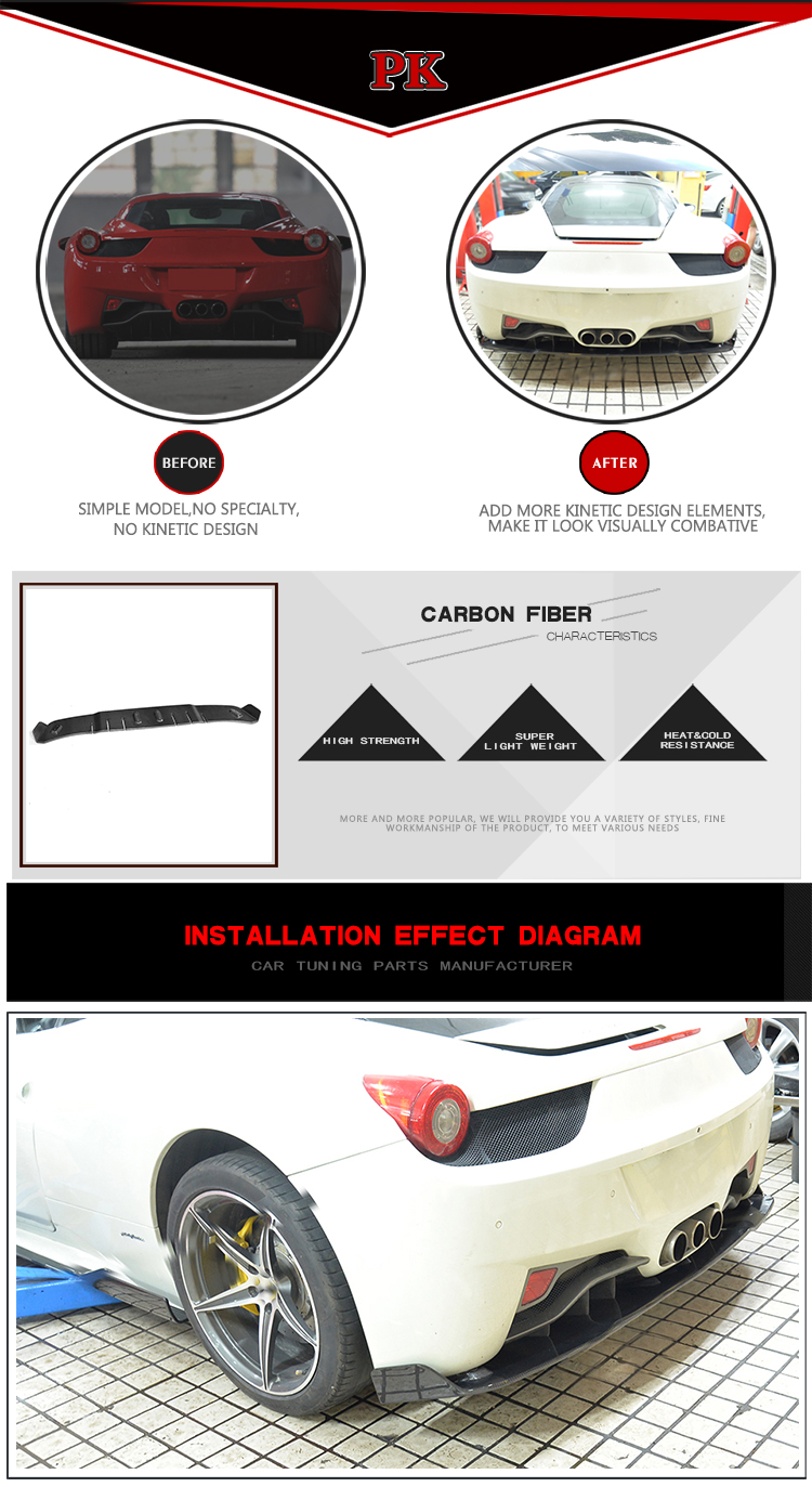 VEL Style Carbon Fiber Car Bumper Diffuser Lip for Ferrari 458 Italia Base Coupe 2-Door 11-13