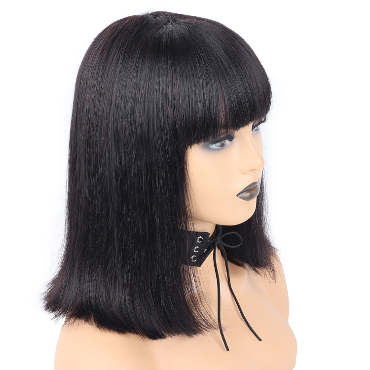 100% natural black short bob wig with bangs for black women, brazilian virgin remy straight human wig