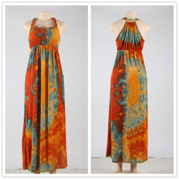 Vintage type beautiful pattern braided neck maxi style long summer dresses