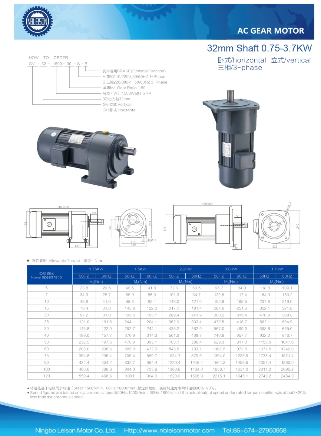 32mm Shaft AC Induction Gear Motor 200 Rpm 1 to 3 Kw