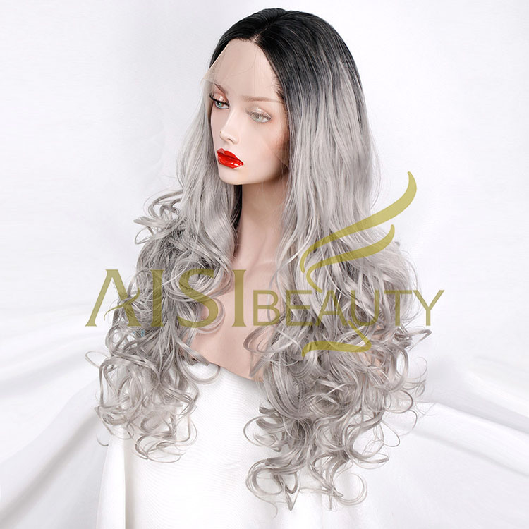 Aisi Beauty Wholesale Vendor Ombre Gray Big Curly Wave Wig Long Wavy Swiss Lace Synthetic Hair For Black Women Lace Front Wig