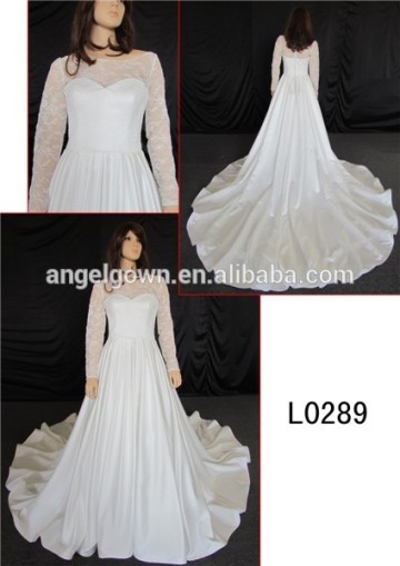 Elegant long sleeve satin wedding dress /lace wedding dress long with tail wedding dress