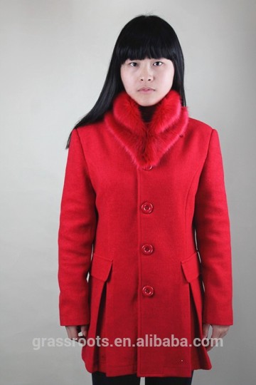 Hot Selling women's red woolen coat with fur collar