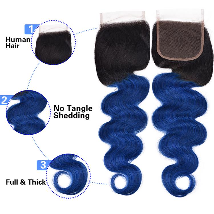 Top Quality Remy Hair Ombre Brazilian Hair Weave Two Tone Color 1B/Blue 4*4 Lace Closure