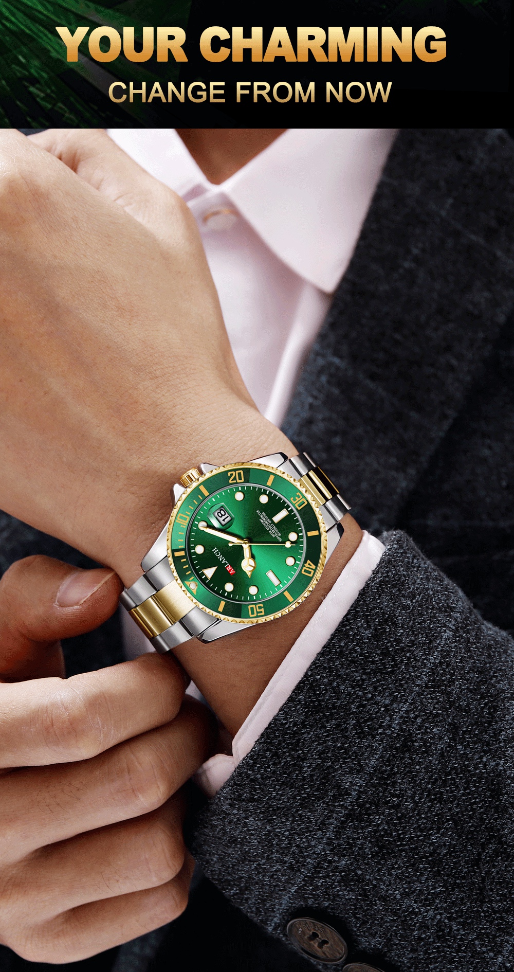 ARLANCH A306 New Water Ghost Series Classic Green Dial Luxury Men Not Automatic Watches Stainless Steel Waterproof Quartz Watch