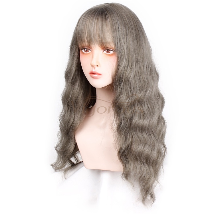 Vigorous 26 Inch Gray Long Wavy Wig with Bangs Beach Wave Curly Wig Heat Resistant Glueless Synthetic Wigs for Party Christmas