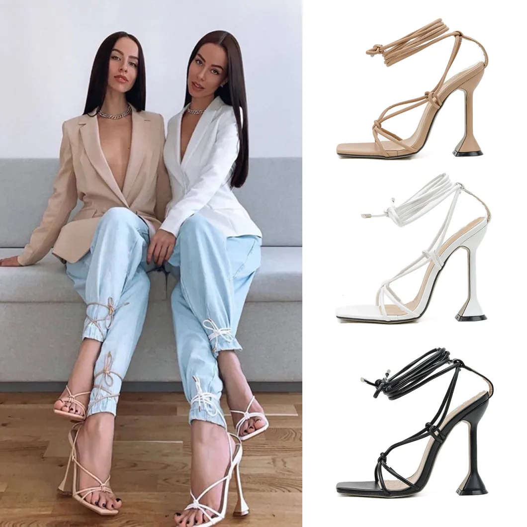 2021 New Women's Shoes Super Fire Square Toe Strap Wine Glass High Heel Sandals