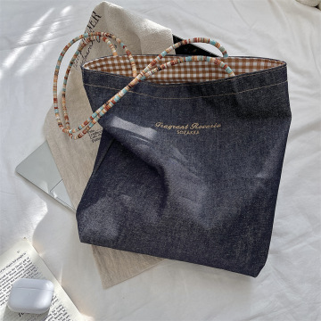 Custom Vintage Reversible Brown Denim Tote Shopping Bag