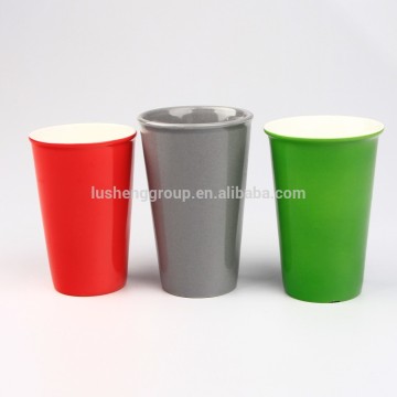 advertising V-shape colored glazing sublimation ceramic travel mug with silicon lid