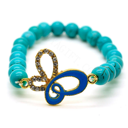 Turquoise 8MM perles rondes Bracelet extensible de pierres précieuses avec un papillon en alliage Diamante