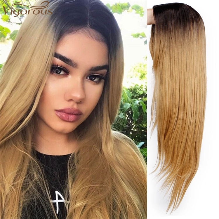 Vigorous hot selling cheap ombre blonde none lace front natural for women premium fiber synthetic hair blend wigs