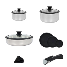 Space-Saving Design Removable Handle camping Stainless Steel Stackable Cooking Set