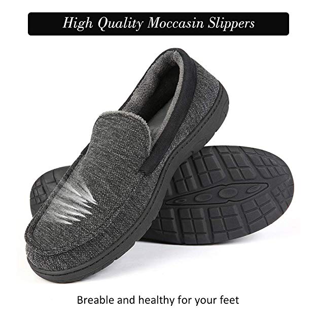 Men's Moccasin Slipper Warm Comfort Ultra-Light with Memory Foam Indoor Outdoor Rubber Sole