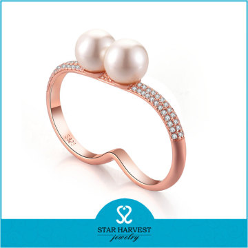 Rose gold plating zircon &shell pearl stones two finger ring