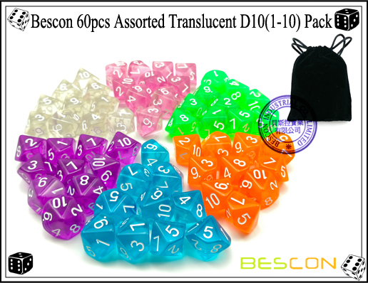 Bescon 60pcs Assorted Translucent D10(1-10) Pack-1 Bescon 60pcs Assorted Translucent D10(1-10) Pack-1