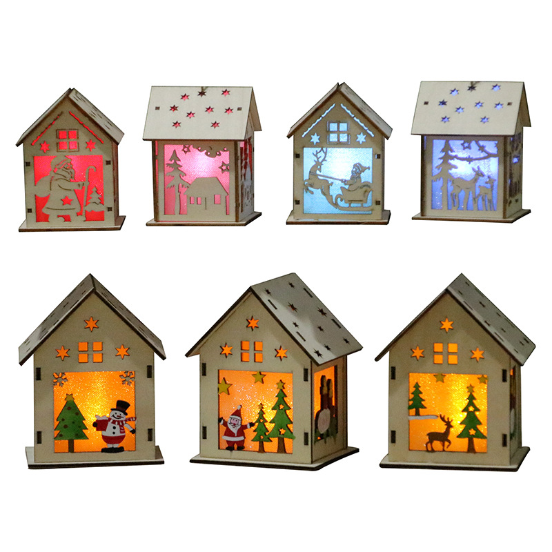 New Year Christmas DIY Toys Luminous Cabin Innovative Christmas Snow House with Light Colorful Wooden Cottage Decoration Toy