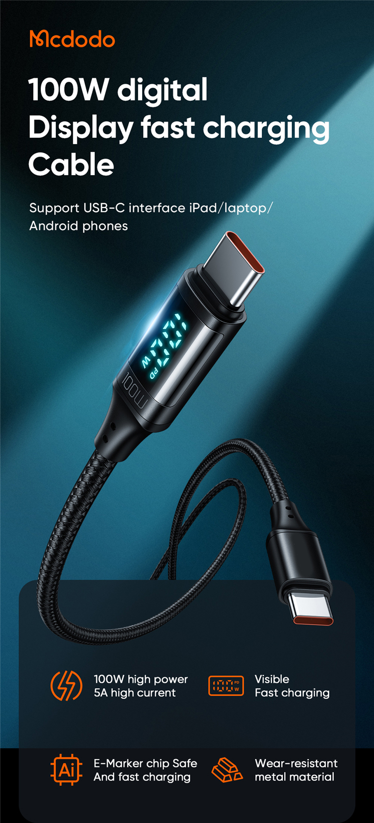 PD 100W FAST charger USB Type C to Type C cable with Display for phone laptop video camera battery