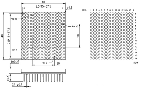 Single Red Green Blue 16*16 Dot 40mm*40mm LED Matrix Display, LED matrix light