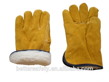 Warm Lining Mens Yellow or Golden Cowhide Split Leather Glove