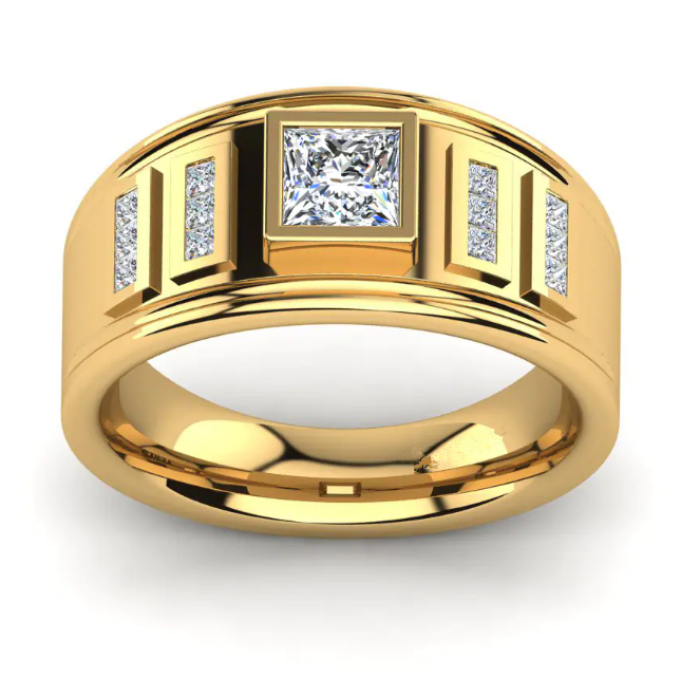 Vista de perfil de un anillo para hombre con diamantes de laboratorio de talla princesa de 18 quilates y una corona cuadrada en relieve