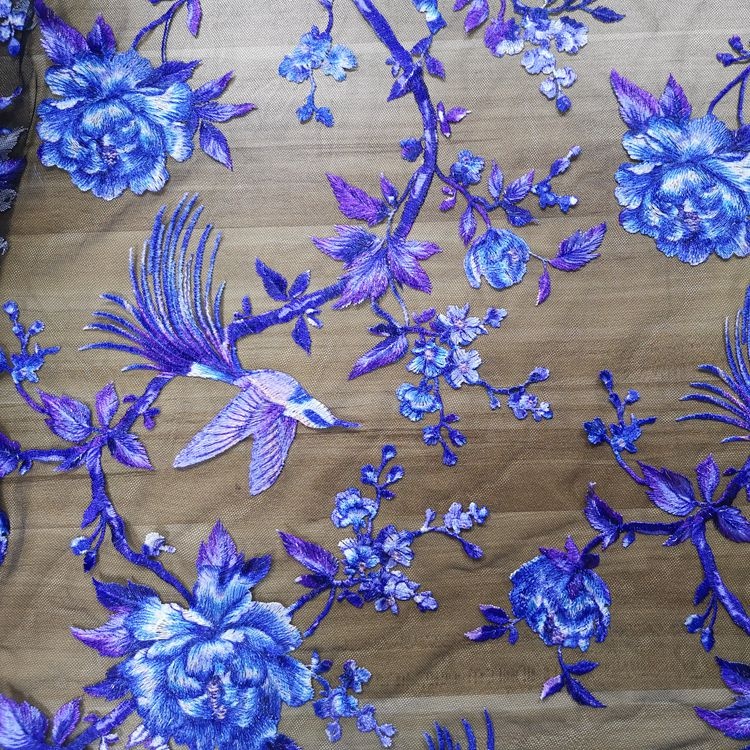 Printed Birds Flowers Embroidery Tulle Lace Fabric