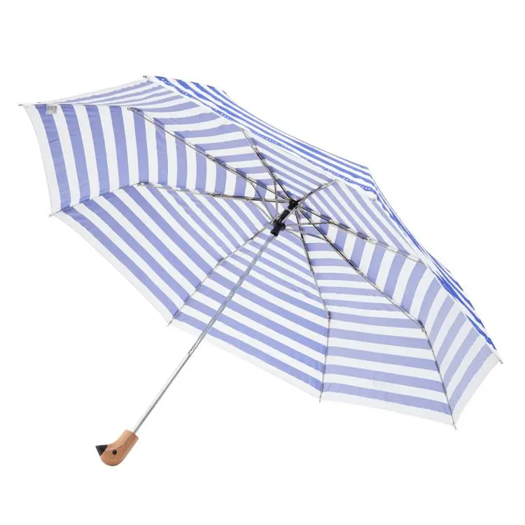 Hot Selling Classic Style Strip Blue and White Color Wooden Yellow Duck Animal Head 3 Folding Umbrella