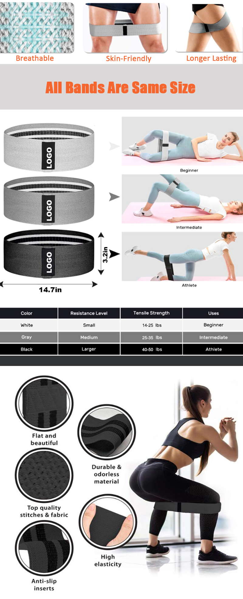 Wholesale Home Workout Non Slip Fabric Hip Booty Bands, Women Exercise Leg Glute Resistance Bands Set with Gliding Discs