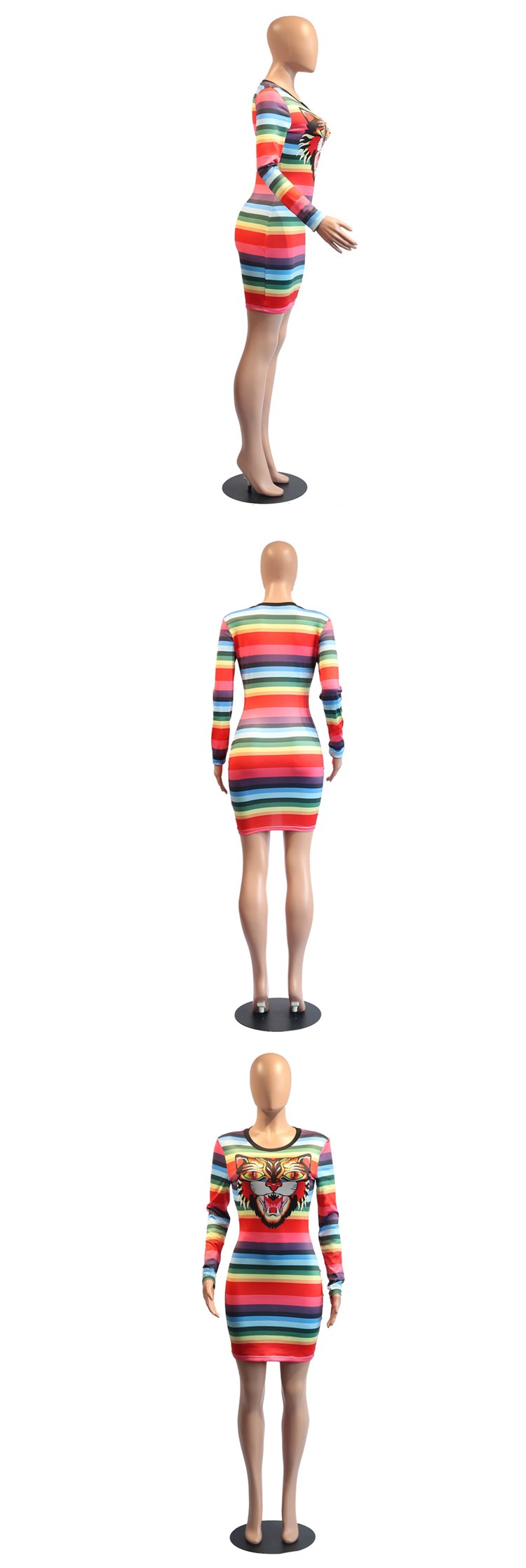 C4491 Casual lady round neck multi colour striped tiger head long sleeve dress