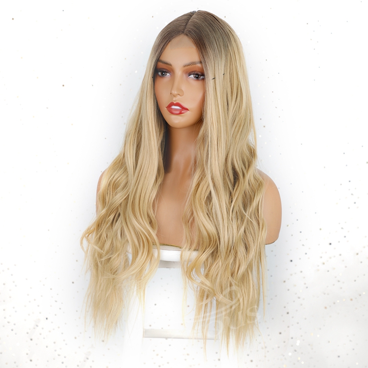 Middle Part Ombre Blonde Long Wavy Natural Hairline Dark Roots Blonde Wigs Curly Women Girls Heat Resistant Fiber Synthetic Wig