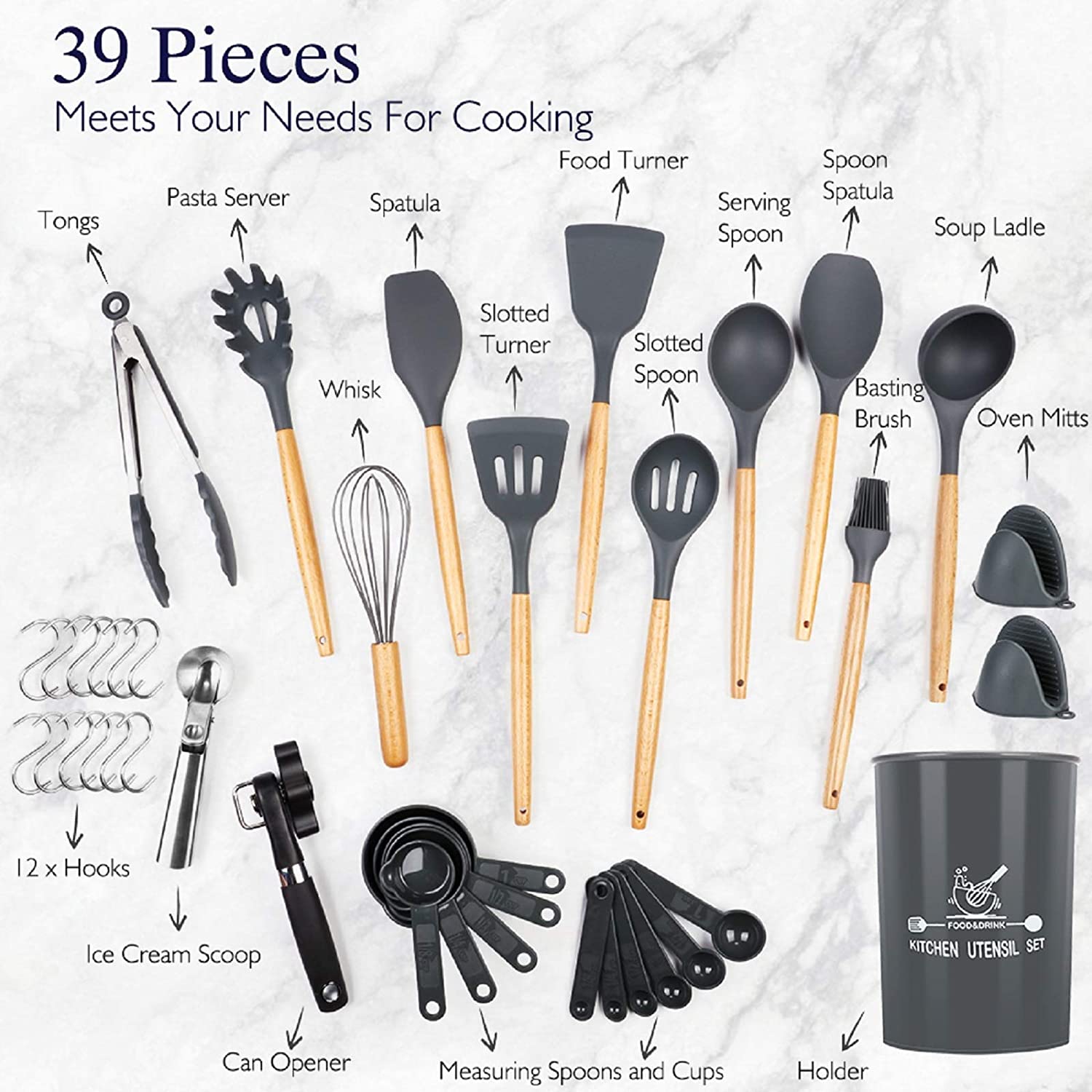 Set peralatan dapur yang berkualiti tinggi - 39 pc memasak perkakas makanan silikon makanan silikon hoz