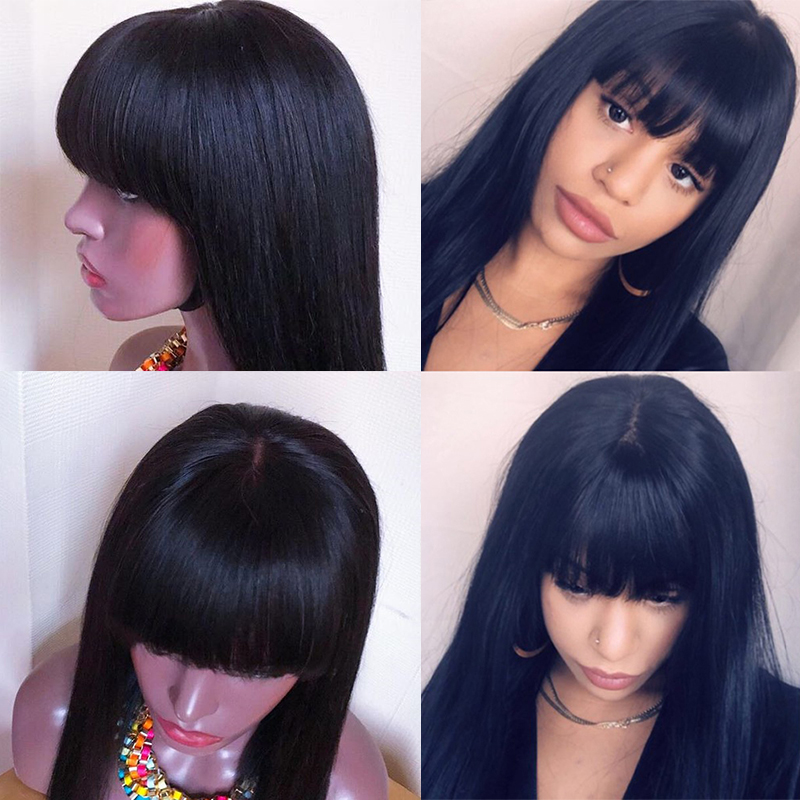 Lsy Long Silky Straight 360 Frontal Full Lace Wigs With Front Chic Bangs Fringe 150% Density 100% Indian Human Hair Wigs