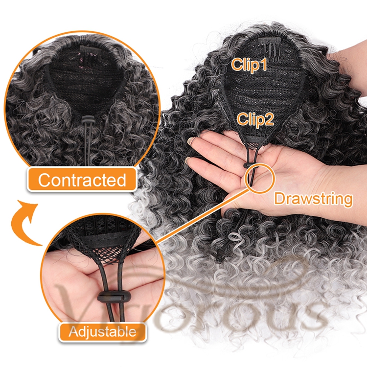 Vigorous Top Quality Cheap Supplier Kinky Curly Ombre Grey Updo Puff Hair Piece Drawstring Synthetic Ponytail Hair Extension