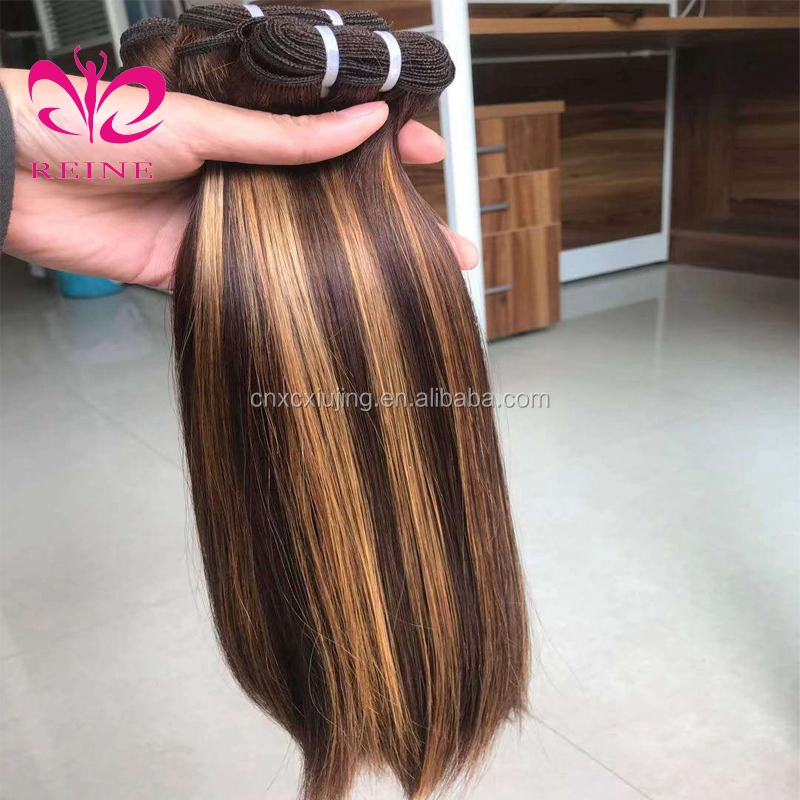 REINE Hair Wholesale 100% Human Double Drawn Remy Full Cuticle Free Sample Cabelo Humano with 4*4 closure 4/27 Highlight color