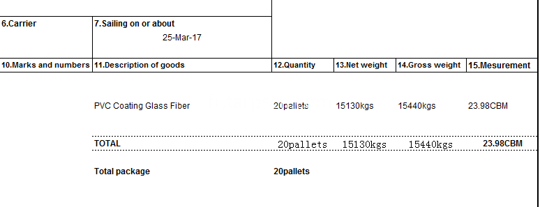 PVC Coating Glassfiber Cloth to Korea