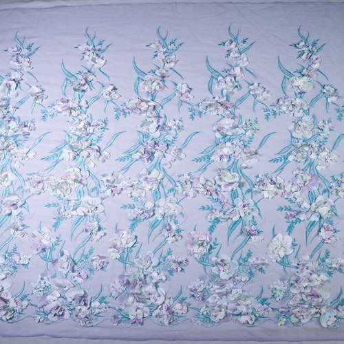 3D hoa màu xanh vải ren lưới thêu