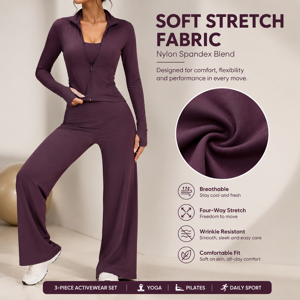 Женский однотонный бесшовный комплект для йоги из трех предметов Women's 3 Piece Solid Seamless Yoga Set