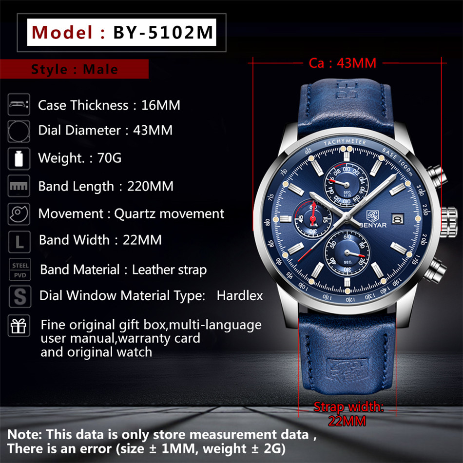 BENYAR 5102M Men Watch Chronograph Wristwatches Blue Fashion Design Sports Quartz Watches Leather Relogio Masculino