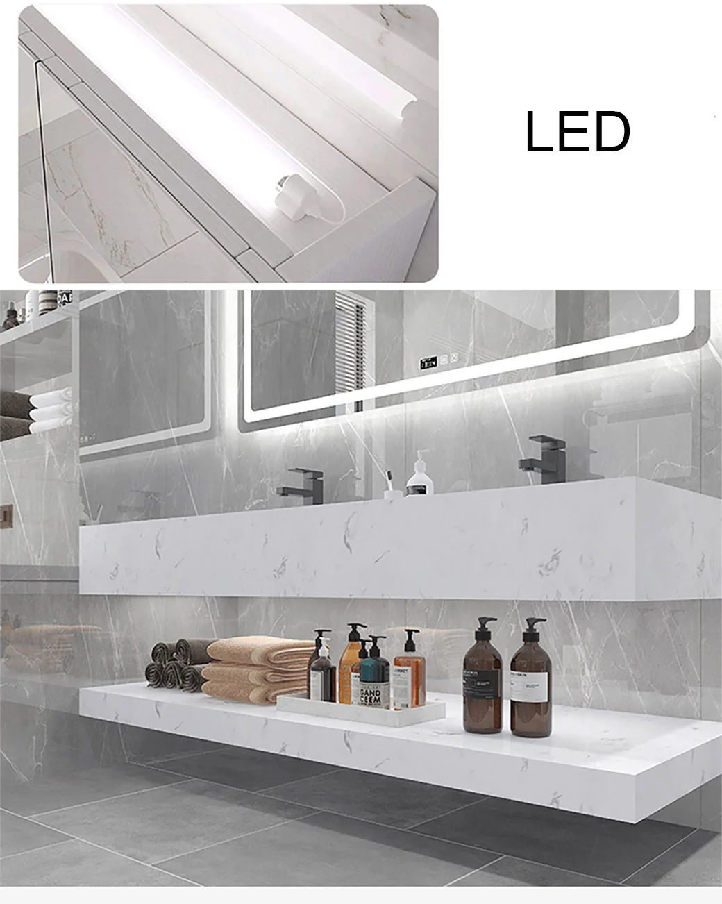 Waterproof LED Wall Hang Mounted Ceramic Wash Hand Basin Bathroom Cabinet Vanity with Artificial Stone Counter