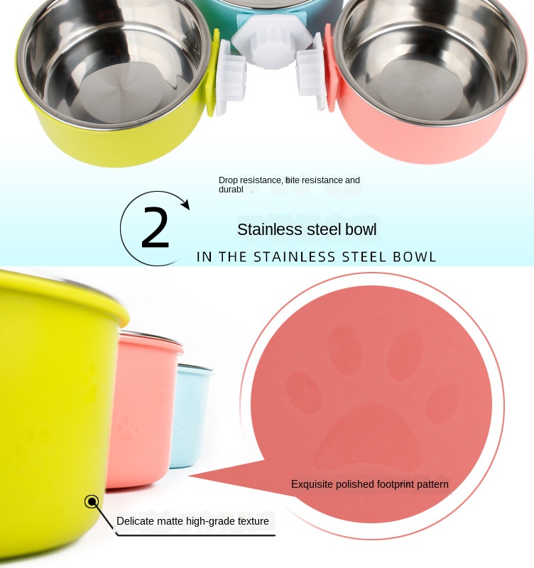 Pet bowl feeder stainless steel cage hanging fixed dog basin